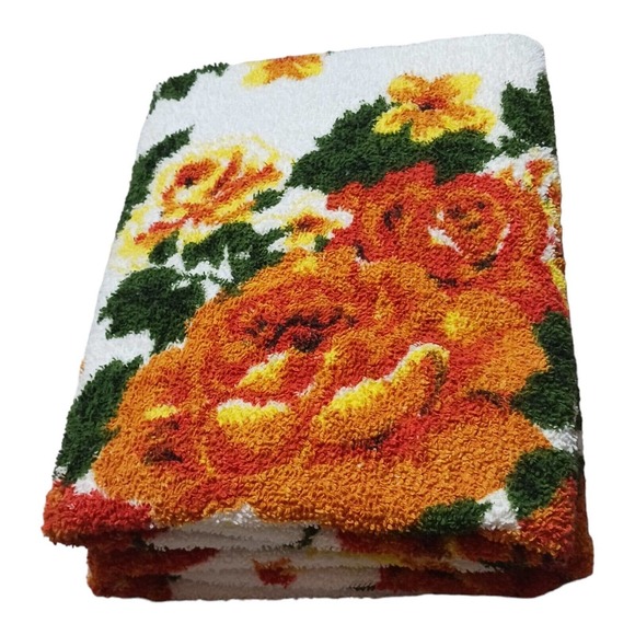 Vintage Bath Towel Set of 2 Gold Orange Brown Green Colors Flowers Retro Fringe - Picture 4 of 10